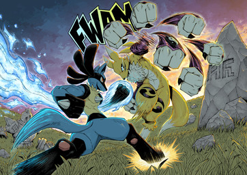 3_fingers abs action_pose angry anthro arm_tuft armwear athletic aura battle biceps big_breasts biped black_body black_claws black_fur black_nose black_sclera blue_body blue_eyes blue_fur breasts bridal_gauntlets butt cheek_tuft chest_tuft claws clothed clothed/nude clothing cloud countershade_torso countershading curvy_figure deltoids dialogue double_tomoe duo ears_back ears_up energy facial_markings facial_tuft female fight fingers fist frown fur fur_markings grass head_markings ink jumping larger_female leg_markings light logo long_ears long_tale looking_at_another looking_down looking_up male markings mask_(marking) motion_lines muscular muscular_female muscular_male navel neck_tuft nude onomatopoeia outside paws pecs pink_paws pivoted_ears plant pose punch purple_body purple_clothing purple_fur raised_leg red_eyes rock running shoulder_tuft simple_background size_difference sky smaller_male sound_effects spikes spread_legs spreading sunset tan_body tan_fur text thick_thighs thigh_markings tomoe_(symbol) triceps tuft tuft_ears white_background white_body white_countershading white_fur wide_hips yellow_body yellow_fur yin_yang trejoshurtado bandai_namco digimon nintendo pokemon digimon_(species) generation_4_pokemon generation_5_pokemon golurk lucario pokemon_(species) renamon absurd_res colored comic crossover hi_res shaded