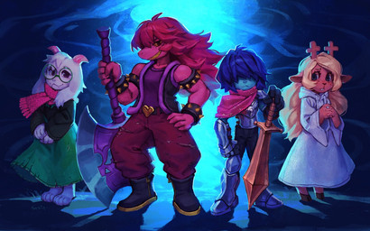 anthro armor axe blonde_hair blue_background blue_body blue_hair blue_skin brown_body brown_fur clothing dark_fountain delta_rune_(emblem) dress eyewear female freckles fur glasses green_clothing group hair hair_over_eyes looking_at_viewer male melee_weapon obscured_eyes pose purple_body purple_clothing purple_hair simple_background sword symbol weapon white_body white_clothing white_dress white_fur starcatbloom deltarune undertale_(series) kris_(deltarune) noelle_holiday ralsei susie_(deltarune) darkner deer human mammal new_world_deer reindeer scalie 2025 4:3 detailed digital_drawing_(artwork) digital_media_(artwork)