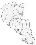 anthro biped clothing cuff_(restraint) footwear frown handcuffs hands_behind_back male metal_cuffs restraints shackles shoes simple_background sitting solo white_background sikai sega sonic_the_hedgehog_(series) sonic_the_hedgehog eulipotyphlan hedgehog mammal greyscale monochrome