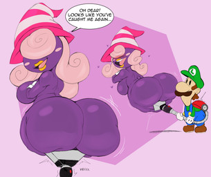 big_breasts big_butt black_eyes blush bodily_fluids breasts brown_hair butt clothed clothing dialogue duo ellipsis exclamation_point facial_hair female footwear gloves hair hair_over_eyes handwear hat headgear headwear heart_symbol huge_butt lips male mustache not_furry nude open_mouth overalls pink_hair poltergust_3000 purple_background purple_body shirt shoes side_boob simple_background speech_bubble sweat text topwear white_body white_clothing white_gloves white_handwear white_skin wide_hips yellow_lips purple_yoshi_draws mario_bros nintendo paper_mario luigi vivian_(mario) ghost human humanoid mammal shadow_siren spirit 2022 digital_media_(artwork) english_text hi_res