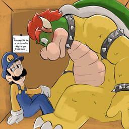 3_toes 4_fingers accessories_only alternate_universe anthro armband bent_arm bent_legs big_nose biped black_armband black_collar black_eyes black_facial_hair black_hair black_mustache blue_clothing blue_hat blue_headwear blue_overalls blush bracelet button_(fastener) ceiling claws closed_frown clothed clothed_human clothed_male clothing collar curved_horn disinterested duo eyebrows facial_hair feet finger_claws fingers frown frowning_at_another fully_clothed fully_clothed_human fully_clothed_male gloves green_head green_shell grey_spikes hair handwear hat headgear headwear horn inside jewelry king larger_anthro larger_male lidded_eyes light male male_anthro male_human mouth_closed multicolored_body multicolored_scales mustache no_pupils orange_wall overalls red_eyebrows red_hair royalty scales shell shirt short_hair sign simple_background sitting sitting_on_ground size_difference smaller_human smaller_male spiked_armband spiked_bracelet spiked_collar spikes straight_arm tail tan_body tan_horn tan_scales tan_skin text thick_eyebrows thick_thighs tight_space toes topwear wall_(structure) white_claws white_clothing white_gloves white_handwear white_sclera yellow_body yellow_claws yellow_clothing yellow_scales yellow_shirt yellow_tail yellow_topwear cbfanart mario_bros nintendo super_mario_bros.:_peach-hime_kyushutsu_dai_sakusen! bowser luigi human koopa mammal scalie 1:1 2025 colored digital_drawing_(artwork) digital_media_(artwork) english_description english_text hi_res lighting shaded