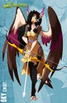 accipitrid accipitriform anthro arrow_(weapon) avian beak bird black_hair bow_(weapon) breasts chalo cleavage clothed clothing dress feather_(chalo) feathered_wings feathers female green_eyes hair holding_object holding_weapon las_lindas long_hair looking_at_viewer non-mammal_breasts ranged_weapon solo weapon wings