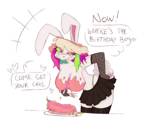 anthro armwear birthday birthday_cake blonde_hair bottomwear breasts cake clothed clothing dessert female fishnet_armwear fishnet_clothing fluffy fluffy_tail food frosting frosting_on_breasts green_eyes hair heterochromia highlights_(coloring) legwear miniskirt pink_eyes scar sharp_teeth skirt solo speech_bubble stockings tail teeth text topless topless_female white_body nuncher lagomorph leporid mammal rabbit english_text