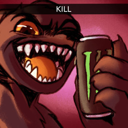 4_fingers ambiguous_gender anthro beverage big_teeth biped black_body black_eyebrows black_fur black_nose brown_eyes can caption caption_box claws close-up container ears_back energy_drink evil_grin eyebrows eyelashes fangs finger_claws fingers fluffy fluffy_chest fur holding_can holding_container holding_object humor looking_at_viewer monster_energy_can monster_energy_logo open_mouth orange_sclera orange_tongue pivoted_ears scary selfie shitpost smile snapchat_caption snout solo standing teeth text tongue yellow_sclera wickflix casualties:_unknown kill_(meme) monster_energy snapchat canid canine expie_(gunsawian) fox gunsawian hybrid mammal murid murine rat rodent 1:1 2025 aliasing digital_drawing_(artwork) digital_media_(artwork) english_text meme portrait red_theme shaded