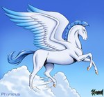 ambiguous_gender blue_eyes blue_mane blue_sky blue_tail cloud feathers feral hooves mane mouth_closed sky solo tail white_body white_skin wings noki001 mythology phyneus equid equine mammal mythological_creature mythological_equine pegasus absurd_res hi_res