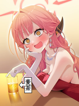 blush breast_rest breasts cleavage clothed clothing dress ear_piercing ear_ring embarrassed female gloves hair halo handwear horn jewelry necklace not_furry open_mouth piercing red_hair ring_piercing spiral spiral_eyes white_clothing white_gloves white_handwear yellow_eyes agnamore blue_archive nexon aru_rikuhachima demon demon_humanoid horned_humanoid humanoid 3:4 absurd_res hi_res