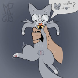 ambiguous_gender biped bipedal_feral eyewear female female/ambiguous female_feral feral fur genitals glasses grey_background grey_body grey_fur holding_torso humanoid_genitalia humanoid_vulva necktie paws simple_background size_difference smaller_female speech_bubble surprised vulva mrmystery_guy cashback_cat_(pondis) domestic_cat felid feline felis human mammal 1:1 colored