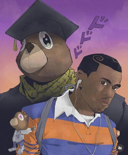 ambiguous_gender anthro backpack clothed clothing collared_shirt duo electronics fully_clothed gradient_background graduation_cap headphones male male_human outside plushie polo_shirt scarf shirt simple_background standing topwear rem.illustrations graduation_(album) jojo's_bizarre_adventure jojolion kanye_west menacing_(meme) dropout_bear kanye_west_(character) bear human mammal digital_media_(artwork) meme