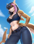 anthro belt belt_buckle black_hair bottomwear breasts brown_body buckle clothing cloud collarbone crop_top eyebrows eyelashes female green_eyes hair hand_on_hip highlights_(coloring) looking_at_viewer midriff navel pants pink_highlights sharp_teeth shirt sky solo spots tan_body teeth thong_straps topwear wyla vivian_(greyskee) fish marine shark 2024 hi_res