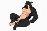 anthro balls biceps biped black_body black_fur black_nose brown_body brown_fur feet flaccid foreskin fur genitals green_eyes male muscular muscular_anthro muscular_male nipples nude paws pecs penis simple_background sitting solo teeth tongue tongue_out white_background monchi canid canine canis domestic_dog mammal 3:2 hi_res