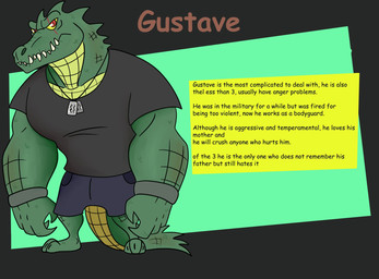 4_fingers anthro bottomwear clothing eye_scar facial_scar fingers green_body jewelry male muscular muscular_male necklace red_eyes scar shirt shorts solo text topwear tibbs gustave_(tibbs) crocodile crocodilian reptile scalie english_text hi_res model_sheet
