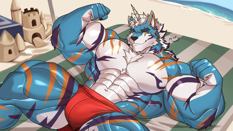 1_horn abs anthro barazoku beach beach_towel blue_body blue_fur chest_tuft claws clothed clothing finger_claws flexing flexing_bicep flexing_both_biceps forearm_muscles fur hair horn looking_at_viewer lying male multicolored_body multicolored_fur muscular muscular_anthro muscular_male muscular_thighs on_back on_towel orange_stripes outside purple_stripes red_clothing red_speedo red_swimwear sand sand_castle sculpture sea solo speedo speedo_only striped_body striped_fur stripes swimwear topless towel tuft unicorn_horn water wave white_body white_fur white_hair yellow_eyes nwilara lugerdius canid canine canis mammal wolf 16:9 2025 hi_res signature widescreen