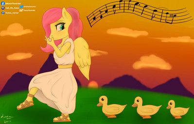 anthro clothed clothing dress female feral flute footwear grass group long_dress looking_back marching mountain music musical_instrument plant sandals shoes sunset white_clothing white_dress wind_instrument wings woodwind_instrument kumas_corner friendship_is_magic hasbro my_little_pony fluttershy_(mlp) anatid anseriform avian bird duck equid equine mammal