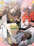 anthro birthday blush brown_body brown_fur calculator crown duo eye_patch eyewear facial_scar female fur glasses grin hair headgear male missing_eye paper_crown red_hair scar smile unknown_artist mihoyo zenless_zone_zero ben_bigger koleda_belobog bear human mammal 3:4 hi_res official_art