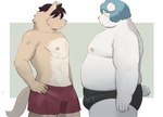 anthro belly big_belly black_briefs black_clothing black_underwear blue_hair boxers_(clothing) briefs brown_body bulge clothing duo hair humanoid_hands kemono male male/male moobs nipples overweight overweight_male red_clothing red_underwear underwear white_body sv_grart canid canine canis domestic_dog mammal 2023