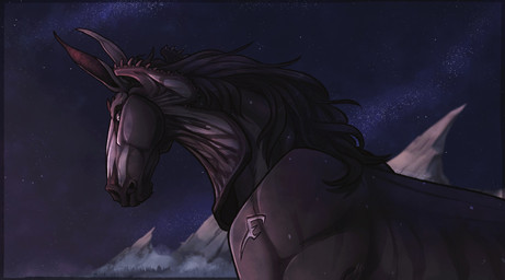 black_body black_eyes black_mane detailed_background fangs feral grey_body looking_at_viewer mane mouth_closed night outside side_view sky solo star teeth kardinaluz equid equine horse mammal hi_res