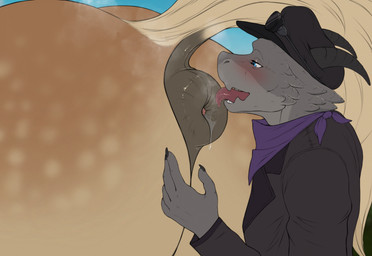 anal anthro anthro_on_feral anus bestiality big_butt black_horn blue_eyes blush bodily_fluids butt claws clothed clothing dock_(anatomy) duo equine_anus feral grey_body horn huge_butt interspecies jacket licking male male/male male_rimming_male musk musky_butt neckwear open_mouth oral puffy_anus raised_tail rimming saliva saliva_on_anus sex smile tail tail_anus tongue tongue_out topwear fenn.perrox remy_(wulfer) equid equine horse kobold mammal reptile scalie 2025 absurd_res digital_drawing_(artwork) digital_media_(artwork) hi_res