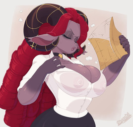 5_fingers anthro areola_outline big_breasts bodily_fluids bottomwear bovid_horn breasts caprine_horn choker clothed clothing collared_shirt cross document dress_shirt ear_piercing eyes_closed fanning fanning_self female fingers fur hair holding_object horn inverted_cross jewelry lips long_hair necklace nipple_outline nipples_visible_through_clothing no_bra pencil_skirt piercing purple_body purple_fur ram_horn red_hair shirt skirt solo sweat thick_lips topwear translucent translucent_clothing wet wet_clothing skecchiart grimm_(lionheartreaver) bovid caprine mammal 2023 hi_res signature