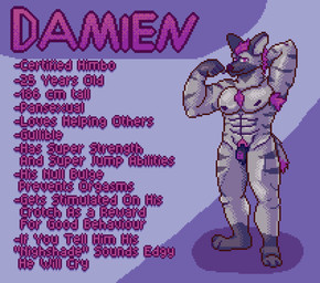 abs anthro armpit_hair body_hair chastity_device chest_hair flexing fur grey_body grey_fur hair lock_symbol looking_at_viewer male muscular nipples nude null_bulge orgasm_denial pecs permanent_chastity_device permanent_orgasm_denial pink_eyes pink_hair pubes solo standing superhero text akadthefox hyena mammal striped_hyena digital_media_(artwork) english_text hi_res model_sheet pixel_(artwork)