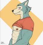 abs anthro beastars breasts canid canine canis clothed clothing delta_dewitt digital_media_(artwork) fur hi_res legoshi_(beastars) male mammal muscular muscular_male nipples pecs simple_background solo wolf