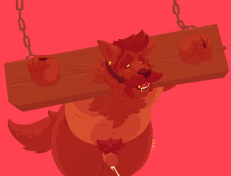 anthro ball_gag bdsm belly big_belly bodily_fluids body_hair bondage bound brown_body brown_facial_hair brown_fur brown_hair brown_mustache brown_penis brown_pubes chain chest_hair cum cumshot drooling ear_piercing ear_ring ejaculation facial_hair front_view fur gag gagged genital_fluids genitals hair humanoid_genitalia humanoid_penis male male_anthro moobs mustache nude overweight overweight_anthro overweight_male penis piercing pubes red_background red_gag ring_piercing saliva short_hair simple_background solo yellow_eyes chocolateandmilk canid canine mammal hi_res