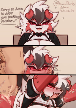 ambiguous_penetration anthro biped black_nose breasts dialogue duo female front_view fur heart_symbol looking_at_viewer male male/female penetration penile penile_penetration pupils red_body red_fur sex sitting teeth text tongue white_body white_fur voicedbarley nintendo pokemon generation_7_pokemon lycanroc midnight_lycanroc pokemon_(species) comic english_text hi_res