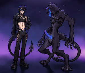 after_transformation animal_genitalia animal_penis anthro balls before_and_after black_body black_fur black_hair black_hands blue_eyes blue_horn blue_mouth blue_saliva bodily_fluids canine_genitalia canine_penis claws clothed clothed/nude clothed_human clothing colored_saliva digitigrade ear_piercing erection fingers fur genitals glowing glowing_eyes glowing_mouth glowing_saliva gradient_background hair harness horn jacket knot knotted_penis leather leather_clothing leather_jacket leather_topwear looking_at_viewer male midriff_top nipples nude nude_anthro open_mouth penis piercing platform_footwear pointy_ears purple_background saliva simple_background smile solo spade_tail tail teeth tongue topwear unusual_bodily_fluids unusual_saliva maxspite mythology canid canid_demon canine demon hellhound human mammal mythological_canine mythological_creature 2026 colored digital_drawing_(artwork) digital_media_(artwork) hi_res shaded