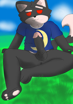 :3 anthro anus balls bodily_fluids cloud dark_body genital_fluids genitals grass looking_at_viewer male moon penis plant precum seductive simple_background sitting sky smug_face solo tail zrthefox pixile_studios super_animal_royale canid canine fox mammal super_fox_(sar) super_shadow_fox_(sar) absurd_res hi_res