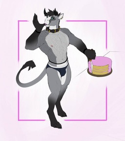 anthro biped bulge cake clothing collar dessert detailed_bulge ear_piercing fishnet_clothing food horn male male_anthro muscular muscular_male nipples paws piercing slips solo spiked_collar spikes standing tail tail_tuft tuft mischadot philip_mastema demon hybrid hi_res