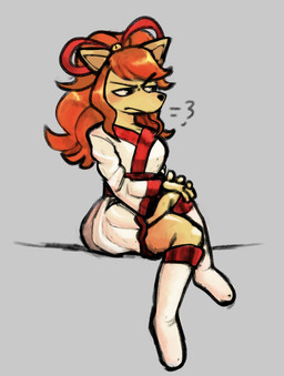 accessory annoyed anthro asian_clothing bell blush boots bow_ribbon breasts breath clothing crossed_legs curvy_figure east_asian_clothing female footwear frown hair hair_accessory hair_bow hair_ribbon hourglass_figure japanese_clothing kimono red_hair ribbons shoes snout solo freaky_frohicky undertale_(series) undertale_yellow ceroba_ketsukane canid canine fox mammal hi_res