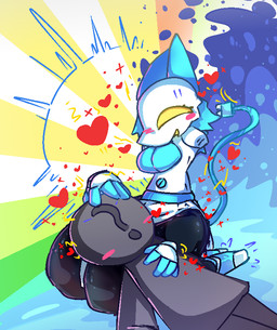 anthro blue_hair blush comforting daww duo faceless_character faceless_male female hair happy head_on_lap headpat heart_symbol kneeling machine male on_lap petting rubbing_head sitting smile yellow_eyes alexthetrain0 deltarune undertale_(series) anon tasque_manager android domestic_cat felid feline felis mammal robot