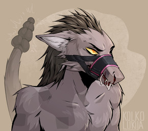 anthro bdsm beaten blood bodily_fluids bodily_fluids_in_mouth bondage bound cuff_(restraint) cum genital_fluids grey_body grey_hair hair leather leather_cuffs male messy muzzle_(object) muzzled nosebleed pain rattle_(anatomy) restraints simple_background solo yellow_eyes kolkolukija fallout microsoft mammal night_stalker_(fallout) bust_portrait portrait