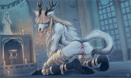 all_fours anthro antlers anus bandage biped black_body black_fur black_pawpads blep breasts butt candle church claws covered_eyes female finger_claws fur genitals hair heart_symbol horn humanoid_genitalia humanoid_vulva inside long_hair multicolored_body multicolored_fur nipples pawpads pink_anus pink_nipples pink_vulva solo toe_claws tongue tongue_out two_tone_body two_tone_fur vulva white_body white_fur white_hair y_anus pinktaco bloodborne fromsoftware mythology sony_corporation sony_interactive_entertainment vicar_amelia beast_(bloodborne) canid canine mammal mythological_canine mythological_creature werecanid werecanine werecreature werewolf 2022 5:3 digital_media_(artwork) hi_res