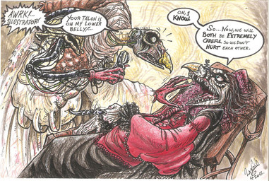 ambiguous_gender anthro claws dentist dialogue duo elderly elderly_intersex furniture gown inside jewelry multi_limb ornate_furniture renaissance_clothing speech_bubble text skekla_(artist) the_dark_crystal skekla_the_illustrator skektek_the_scientist alien skeksis 2015 comic english_description english_text hi_res signature