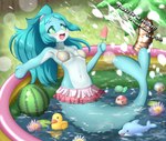 anthro ball beach_ball belly blue_body blue_hair blush bottomwear clamshell_bra clothed clothing detailed_background female flower food fruit glistening glistening_body glistening_fruit grass green_eyes hair holding_food holding_object holding_out_hand holding_popsicle inflatable kiddie_pool lily_pad looking_at_viewer melon miniskirt open_mouth outside partially_clothed partially_submerged plant popsicle rubber_duck sitting skirt smile solo swimwear tropical water water_lily watermelon watermelon_beach_ball watermelon_popsicle watermelon_slice white_belly faroula brand_new_animal studio_trigger nina_flip cetacean dolphin mammal marine oceanic_dolphin toothed_whale absurd_res colored digital_media_(artwork) hi_res shaded signature