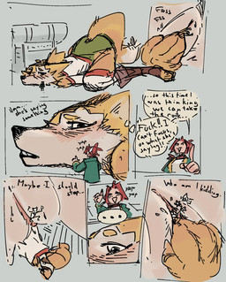 ambiguous_gender anthro blush bottomwear clothed clothing dialogue distracted distracted_sex extreme_size_difference female female_anthro fur genitals group hair human_on_anthro interspecies larger_anthro larger_female macro macro_anthro macro_female micro_abuse outside penetration ponytail red_hair simple_background size_difference smaller_ambiguous smaller_female smaller_human speech_bubble tail tan_body tan_fur text thick_thighs topwear trio unbirthing vaginal vore vulva wide_hips attakoii clara_(attakoii) melon_(attakoii) canid canine fox human mammal comic digital_media_(artwork) english_text hi_res