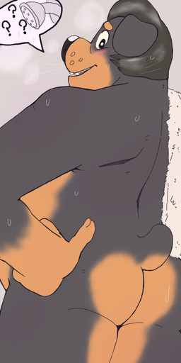 5_fingers anthro belly big_belly black_body black_fur black_hair black_nose blush bodily_fluids brown_body brown_fur butt emoji fingers fur hair hand_on_hip looking_away male mullet nub_tail nude shower slightly_chubby standing steam sweat tail towel water whisker_spots p_rindustries will_(p_rindustries) canid canine canis dobermann domestic_dog mammal pinscher absurd_res hi_res