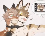 anthro bow_tie brown_body brown_fur duo electronics fur hair looking_at_object looking_at_phone male phone selfie tan_body tan_fur tongue tongue_out luxury_gin scooter_(luxury_gin) felid feline mammal serval 2023 hi_res