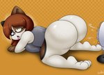 anthro ass_up big_breasts big_butt bodily_fluids bottomless breast_squish breasts breath brown_body brown_eyes brown_fur bubble_butt butt clothed clothing eyewear female freckled_butt freckles fur glasses grey_body grey_fur hair huge_butt looking_up nerd open_mouth orange_hair panting pink_nose shirt short_stack solo squish stained_clothing sweat sweaty_butt tank_top tongue tongue_out topwear white_body white_fur xmetalhusky harriet_morgan_(xmetalhusky) domestic_cat felid feline felis mammal manx 2020 absurd_res hi_res