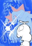 ambiguous_gender biped bodily_fluids duo grass looking_at_another outside plant sharp_teeth standing sweat sweatdrop teeth tongue tongue_out junioridad nintendo pokemon caterpie feraligatr generation_1_pokemon generation_2_pokemon pokemon_(species) 2022 2d_animation animated frame_by_frame hi_res