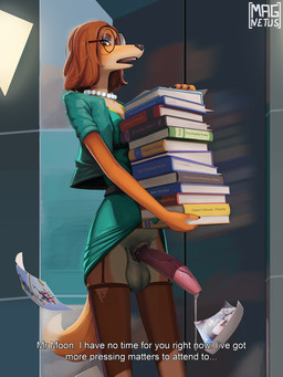 animal_genitalia animal_penis anthro balls big_penis biped bodily_fluids book brown_hair canine_genitalia canine_penis clothing crossgender dripping erection eyeshadow eyewear ftg_crossgender fti_crossgender fur garter_straps gem genital_fluids genitals glasses gynomorph hair holding_book holding_object intersex jewelry legwear looking_at_viewer makeup necklace open_mouth orange_body orange_fur pearl_(gem) pearl_necklace penis precum precum_drip round_glasses solo standing talking_to_viewer text thigh_highs vein veiny_balls veiny_penis white_body white_fur magnetus illumination_entertainment sing_(movie) suki_lane canid canine canis domestic_dog hunting_dog mammal saluki sighthound 2025 3:4 digital_media_(artwork) english_text hi_res portrait three-quarter_portrait