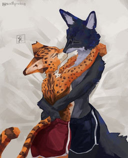 anthro bedding bedding_background bottomwear clothing dolphin_shorts duo ear_markings eyes_closed fur hands_behind_back hug kissing male male/male markings shorts simple_background spots spotted_body spotted_fur tail southpawloup canid canine canis felid feline mammal serval wolf absurd_res colored digital_media_(artwork) hi_res painting_(artwork) shaded signature