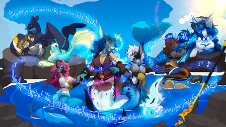 anthro black_body black_scales blue_body blue_eyes blue_fur blue_hair blue_scales bra breasts brown_body brown_fur brown_scales cleavage clothed clothed_anthro clothed_female clothing day elemental_manipulation featureless_breasts female female/female fire fire_in_hand fire_manipulation fur green_eyes group hair hand_holding heart_symbol lens_flare long_hair lying magic mermaid_tail mind_control musical_note musical_symbol on_back on_front on_rock outside pink_hair red_eyes rock scales sea seashell_bra singing sky split_form sports_bra staff_(music) strapless_bra strapless_clothing strapless_underwear sun symbol text transformation underwear water white_body white_fur white_hair white_scales yellow_eyes roxlyde mermay mythology aqualia_(aquatic-magic) nielo_(gamal) night_niktsar nimue_(arbiterdread) aquatic canid cougar dragon felid feline fish mammal merfolk mythological_creature mythological_scalie scalie shark siamese_cat siren 16:9 2025 english_text hi_res widescreen