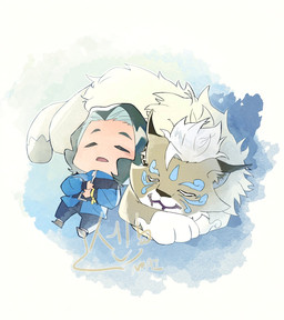 black_hair brown_body brown_fur chibi clothing duo eyes_closed facial_markings feral fur hair head_markings jacket male markings sleeping sleeping_together topwear shen7094 bandai_namco digimon digimon_beatbreak kyo_sawashiro digimon_(species) human mammal hi_res