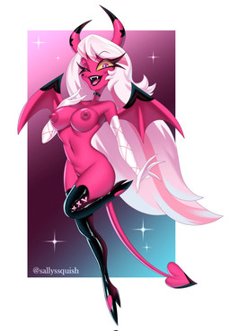 areola armwear breasts clothing elbow_gloves eyelashes eyeshadow fangs female gloves hair handwear horn legwear looking_at_viewer makeup membrane_(anatomy) membranous_wings nipples not_furry nude one_eye_closed open_mouth pink_body simple_background smile solo spade_tail stockings tail teeth thigh_highs white_hair wings wink winking_at_viewer squish_(artist) hellaverse helluva_boss verosika_mayday demon demon_humanoid humanoid imp mammal succubus absurd_res digital_media_(artwork) hi_res