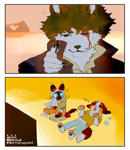 alternate_species anthro black_nose blood bodily_fluids claws clothed clothing crying finger_claws finger_gun floppy_ears furrification gesture group hand_gesture jacket kemono looking_at_viewer male paws playing_dead pointy_ears spoiler tears tissue tissue_box topwear trio watching_television sd_planb cowboy_bebop spike_spiegel canid canine canis domestic_cat domestic_dog felid feline felis mammal siamese_cat 2026 comic