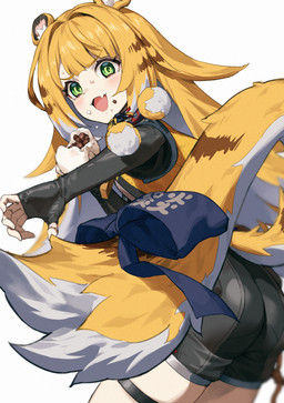 accessory animal_ears black_bottomwear black_clothing black_shorts blonde_hair blush bodily_fluids bottomwear caught_off_guard clothing cute_fangs eating eating_food fangs female female_humanoid fluffy_ears food_on_face furgonomics green_eyes grey_clothing grey_shirt grey_topwear hair jacket long_hair markings open_mouth ribbons shirt shorts simple_background striped_hair striped_markings striped_tail stripes sweat tail tail_accessory tail_markings tail_ribbon teeth topwear two_tone_tail white_background white_hair yellow_clothing yellow_jacket_(clothing) yellow_topwear young young_female young_humanoid chyko7080 mihoyo zenless_zone_zero ju_fufu animal_humanoid felid felid_humanoid humanoid mammal mammal_humanoid pantherine pantherine_humanoid thiren tiger_humanoid absurd_res hi_res