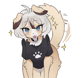 anthro bending bending_down black_clothing black_shirt black_topwear blue_eyes clothed clothing collar female footprint fur looking_at_viewer pantsless pawprint shirt simple_background solo sparkles tail tail_motion tailwag tan_body tan_fur tongue tongue_out topwear tuft tufted_fur white_background kid094ff canid canine canis domestic_dog mammal 2024 digital_media_(artwork)