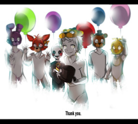 balloon black_bars bodily_fluids clothing crying female group hat headgear headwear holding_clothing holding_hat holding_headgear holding_headwear holding_object inflatable male mask not_furry smile tears text top_hat young thehobbyhorse five_nights_at_freddy's five_nights_at_freddy's_2 five_nights_at_freddy's_3 scottgames bonnie_(fnaf) chica_(fnaf) foxy_(fnaf) freddy_(fnaf) golden_freddy_(fnaf) marionette_(fnaf) avian bear bird canid canine chicken fox galliform ghost humanoid lagomorph leporid mammal phasianid rabbit spirit 2015 absurd_res english_text hi_res letterbox