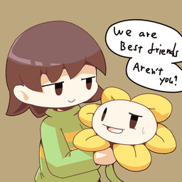 bodily_fluids clothed clothing dialogue duo flower not_furry open_mouth plant question_mark simple_background sweat text crepix undertale undertale_(series) flowey_the_flower elemental_creature flora_fauna flower_creature human mammal 1:1 2015 english_text